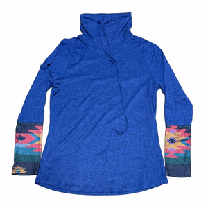 Blue Cowl Neck Top with Patterned Sleeves. Aztec Colorful Cozy Soft